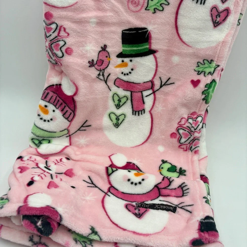 Betsey Johnson‎ Pink Snowman Christmas Ultra Soft Plush Throw Blanket Holiday